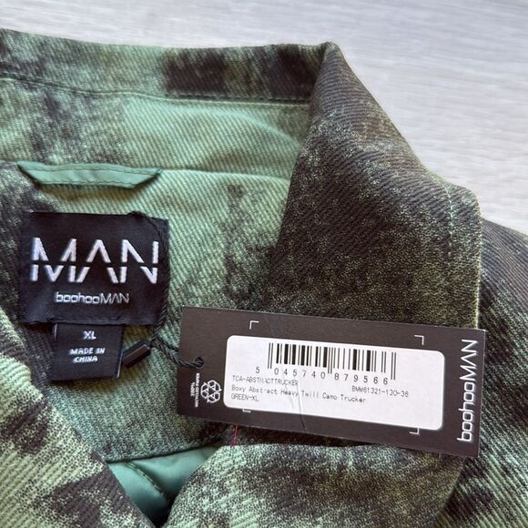 BoohooMAN BOXY ABSTRACT HEAVY TWILL CAMO TRUCKER - GREEN XL nwt - Picture 5 of 5